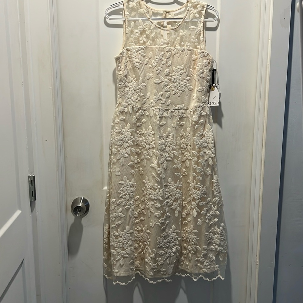 NWT Kensie ivory dress. Size 8. Lace embroidered Overlay, feminine, and soft.